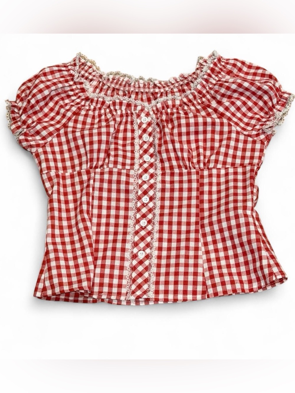Women’s Red Gingham Peasant Milkmaid Country Top Classic Smocked Style Small